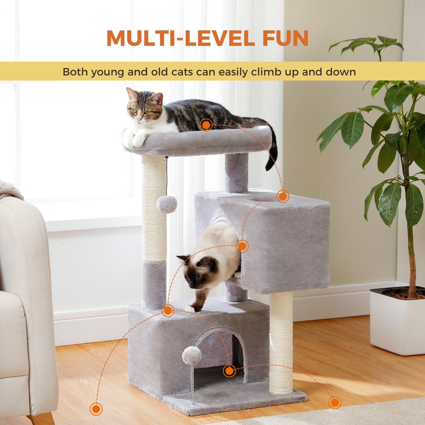 31.5" Modern Cat Tree Tower with Dual Large Condos for Kitten & Medium Size Cat Light Gray