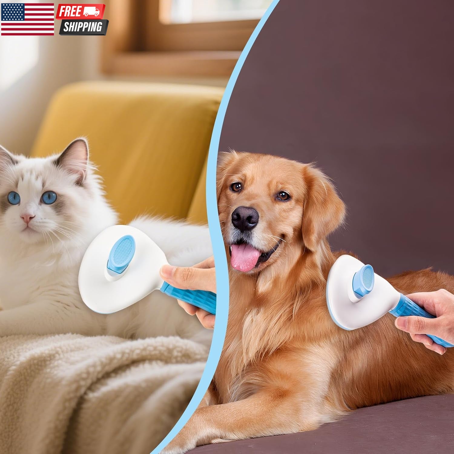 Self Cleaning Slicker Brush, Dog Cat Bunny Pet Grooming Shedding Brush - Easy To