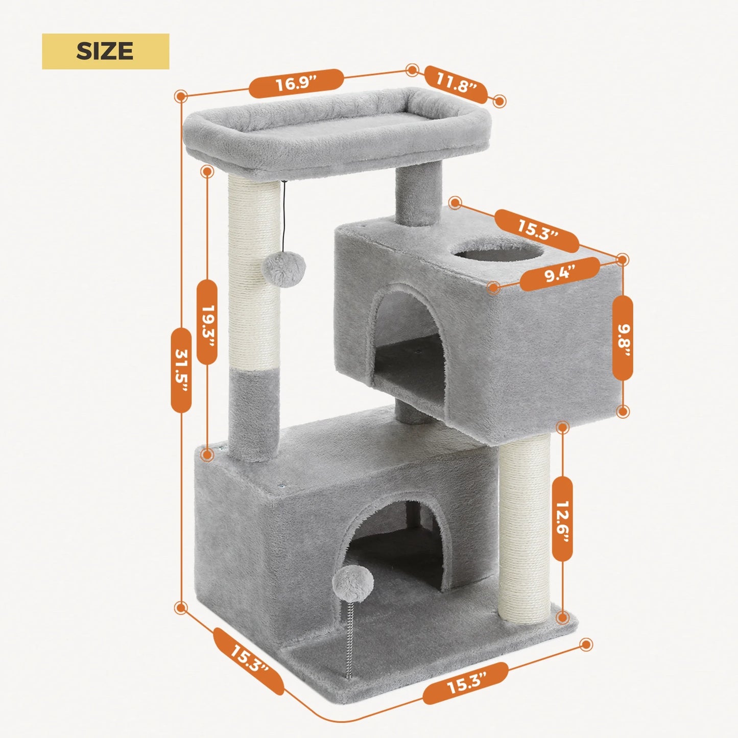 31.5" Modern Cat Tree Tower with Dual Large Condos for Kitten ＆ Medium Size Cat Light Gray