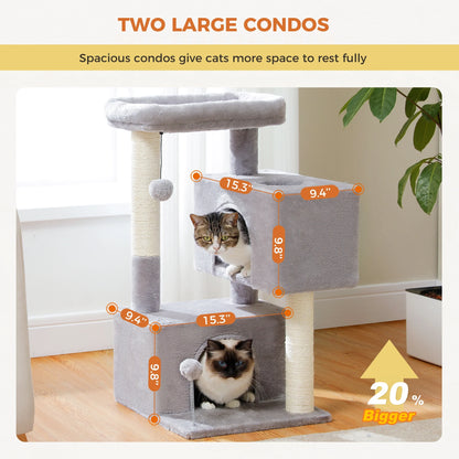 31.5" Modern Cat Tree Tower with Dual Large Condos for Kitten ＆ Medium Size Cat Light Gray