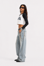 Women's Raw-Hem Color-Block Raglan Crop Sweatshirt