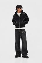 Men's Contrast-Stitched Boxy Fleece Zip Hoodie