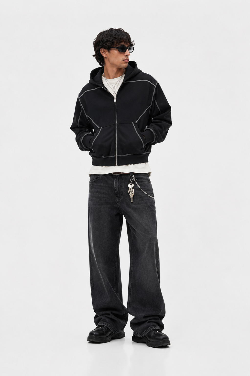 Men's Contrast-Stitched Boxy Fleece Zip Hoodie