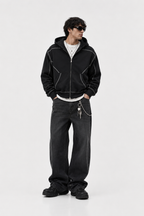 Men's Contrast-Stitched Boxy Fleece Zip Hoodie