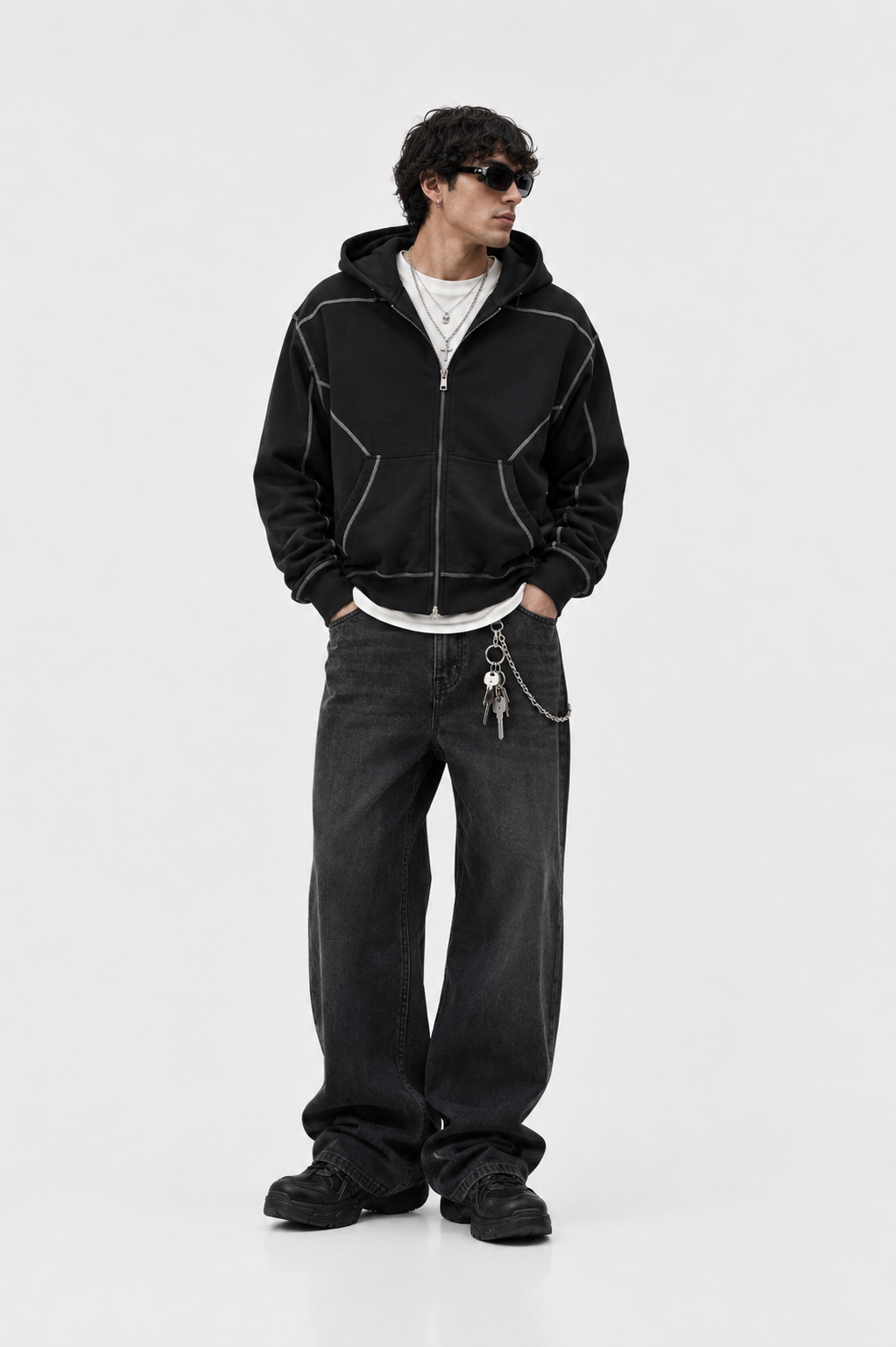 Men's Contrast-Stitched Boxy Fleece Zip Hoodie