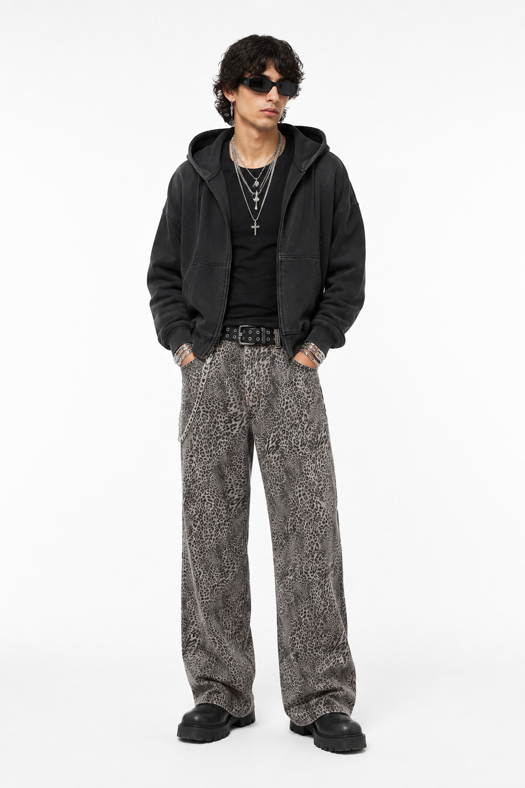 Men's Vintage Wash Leopard Wide Leg Jeans