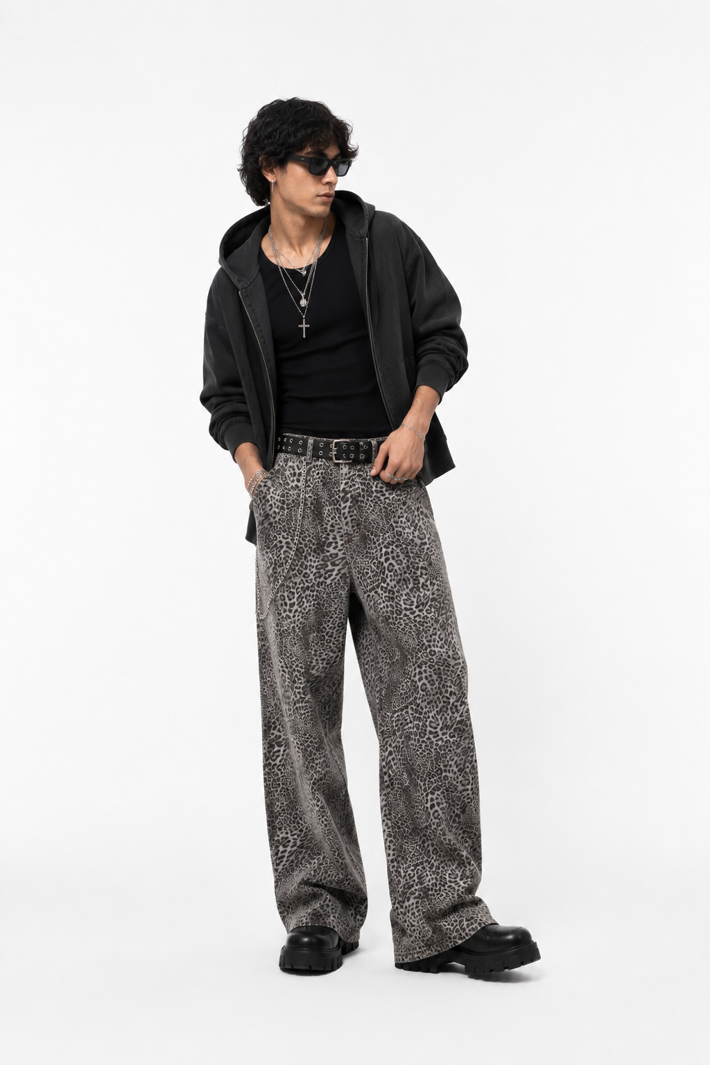Men's Vintage Wash Leopard Wide Leg Jeans