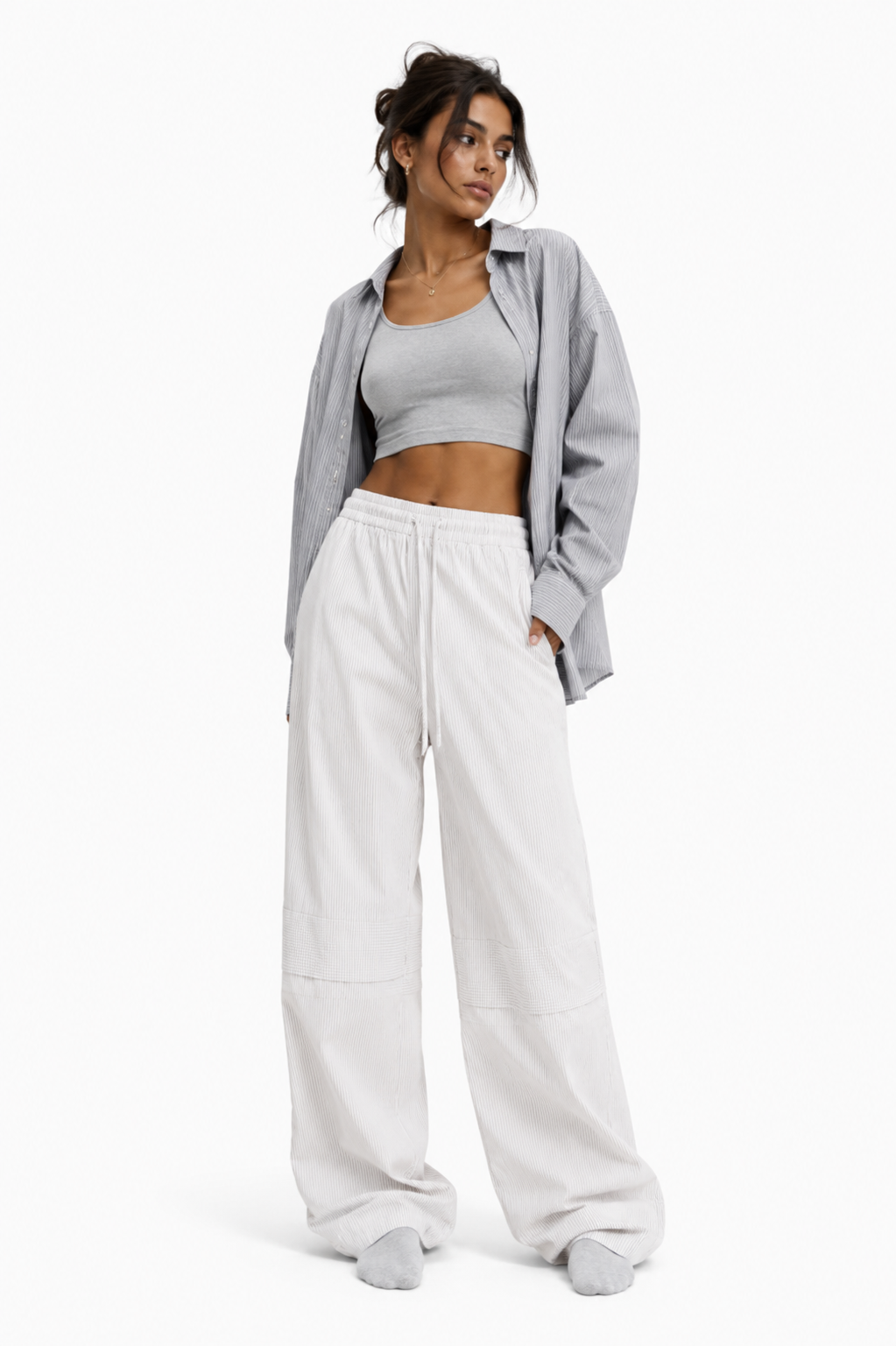Women's Vertical Stripe Drawstring Barrel Pants
