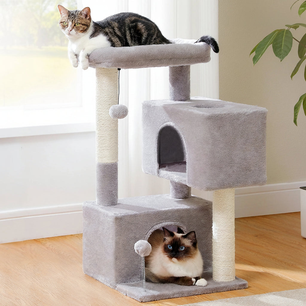 31.5" Modern Cat Tree Tower with Dual Large Condos for Kitten ＆ Medium Size Cat Light Gray